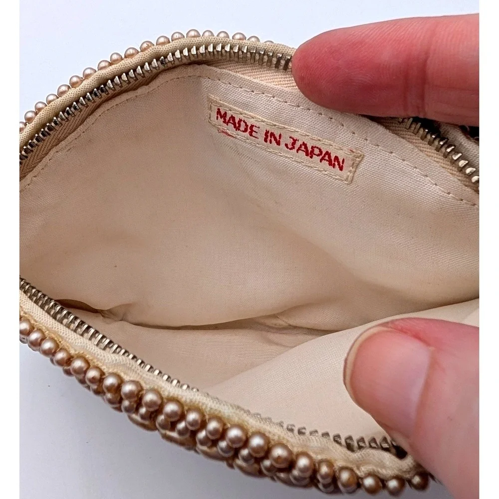 Vintage Made in Japan Faux Pearl Beaded Clutch Champagne Evening Bag Hand Strap